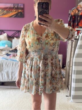 Elan Floral Print Mini Dress Aqua and Brown Accents